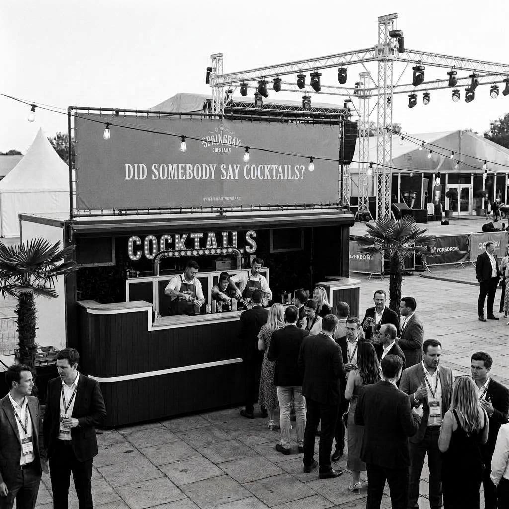 Cocktail Trailerbar van Springbay op een evenemententerrein met een rij gasten voor de taps